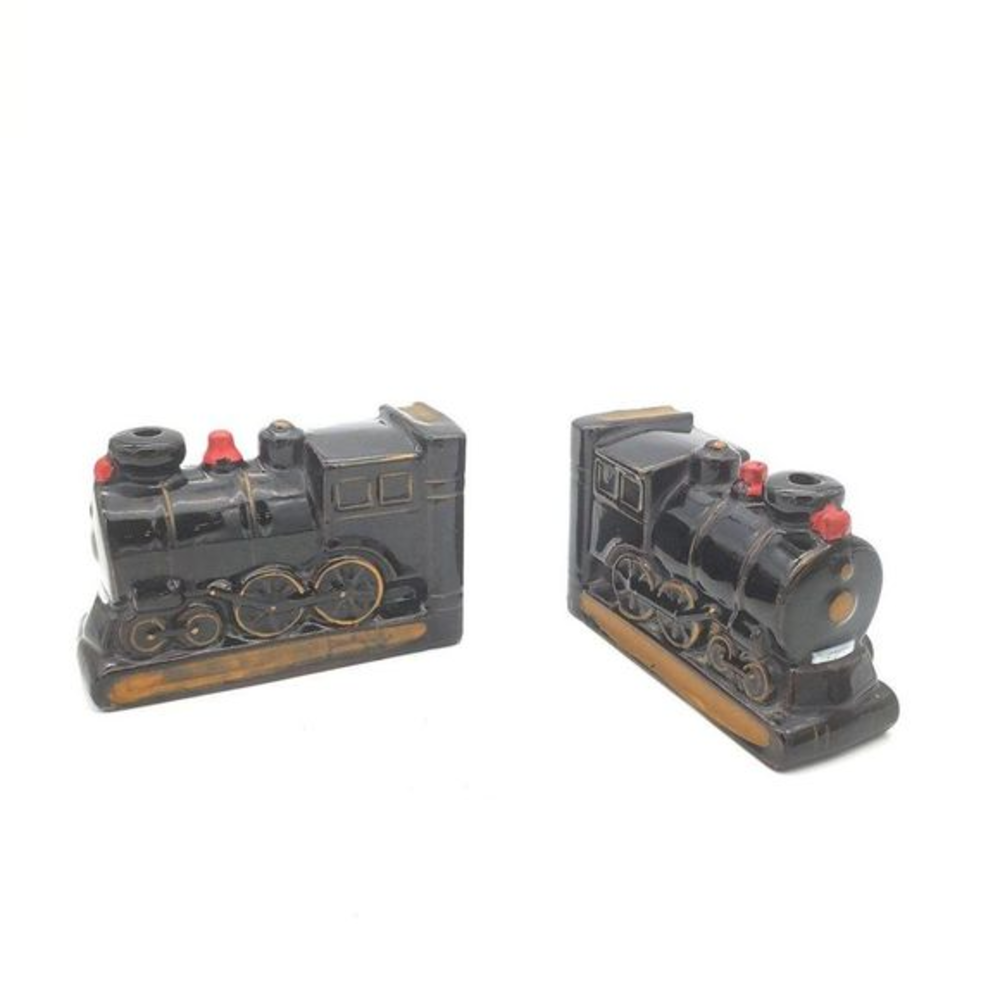 Train Locomotive Bookends Set Redware Japan Hand Decorated‎ VTG Black Shelf  MCM